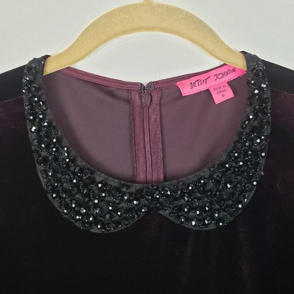 Betsey Johnson Peter Pan Collar Dress Burgundy Velvet Jeweled Goth Womens Size 6 - Picture 6 of 9